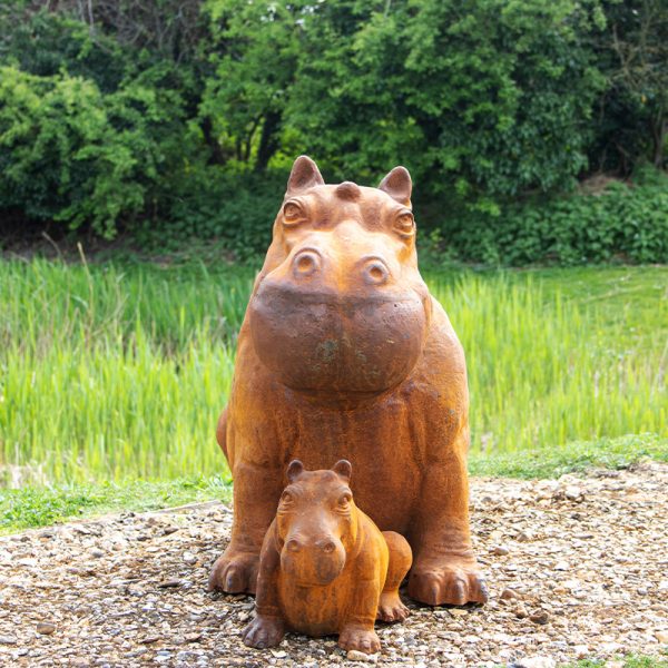 Cast Iron Outdoor Hippo Statues in Large and Small